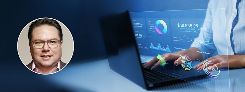 Portrait of Tim Long of Snowflake overlaid next to a person typing on a laptop displaying a digital analytics dashboard.