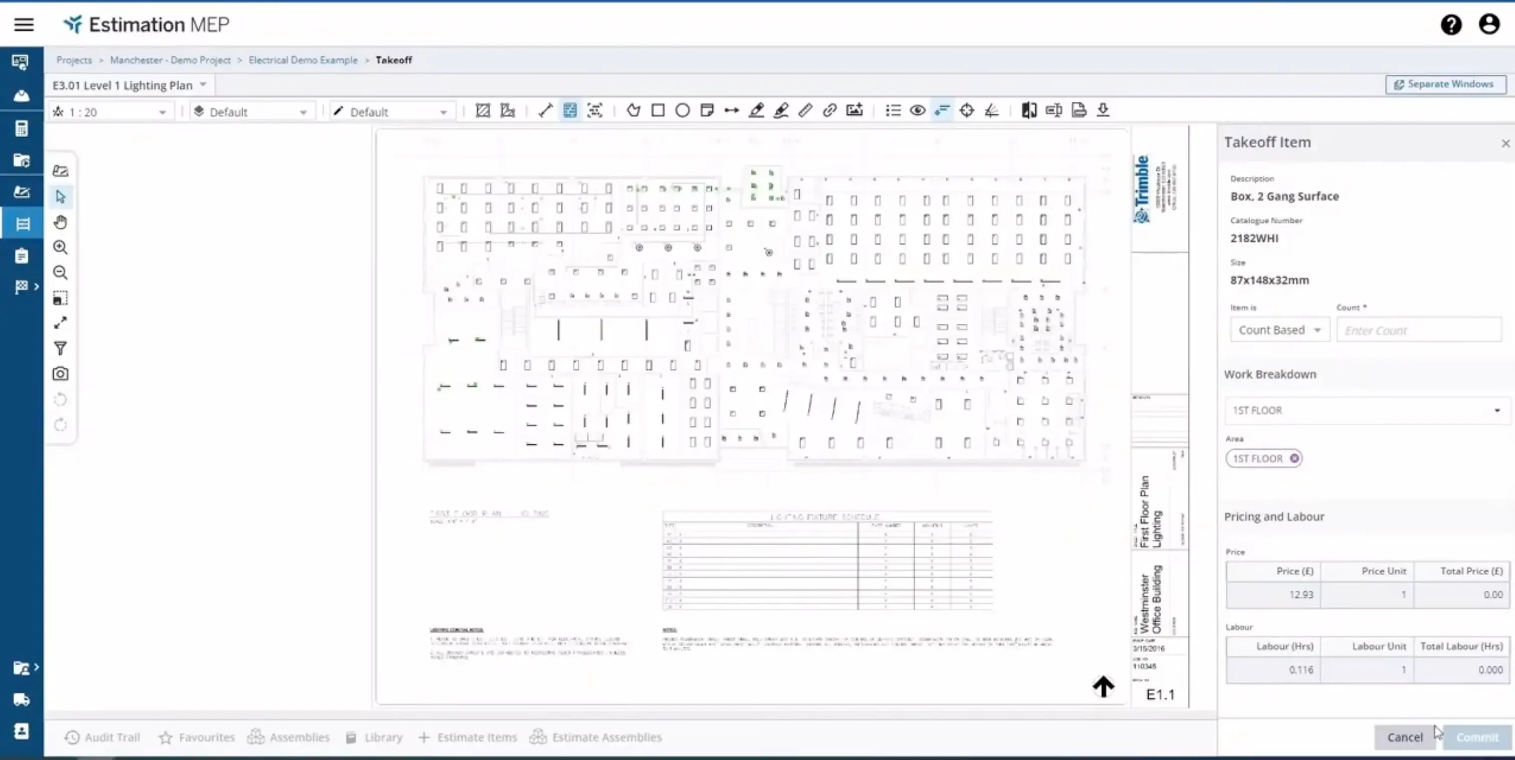 Screenshot of Trimble Estimation software showing a lighting plan takeoff.
