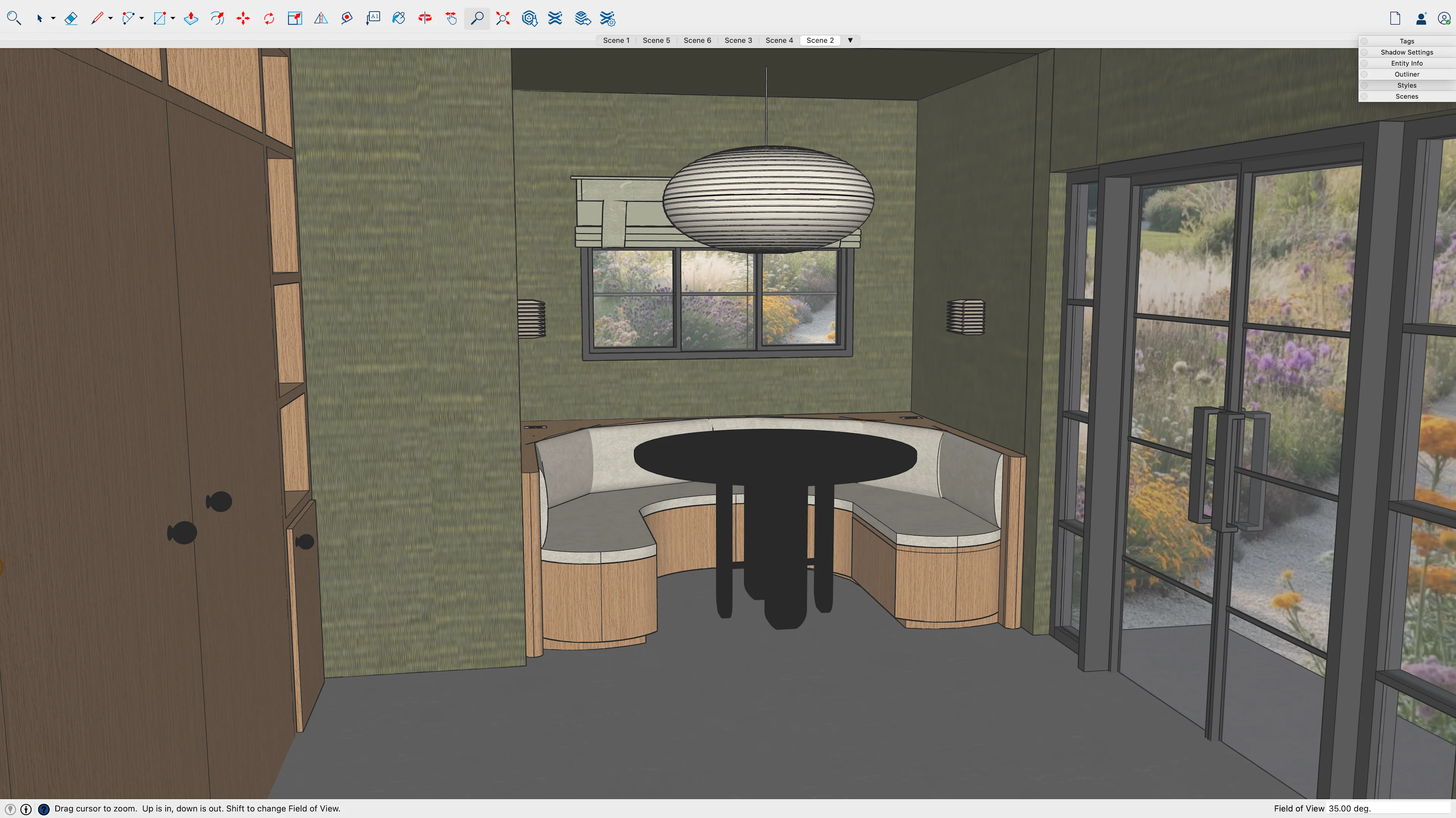 SketchUp model shows custom built-in seating area in the kitchen next to a glass door that leads to the outside.