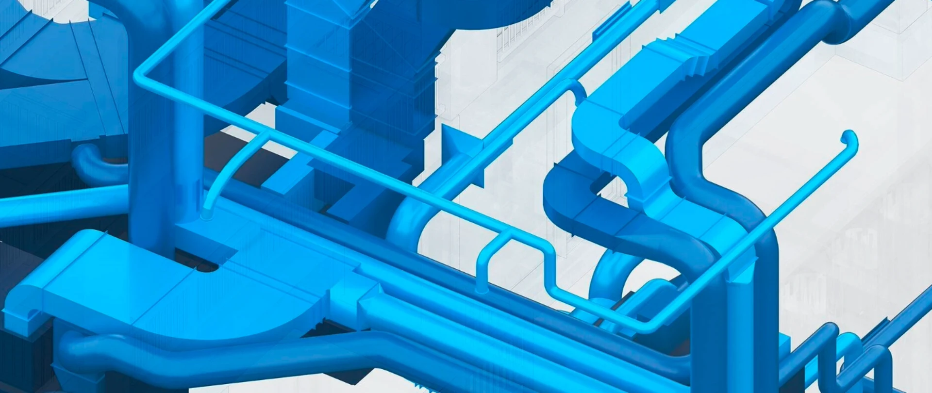 Blue mechanical piping design in Trimble Stabicad for Revit, showcasing complex ductwork layout.