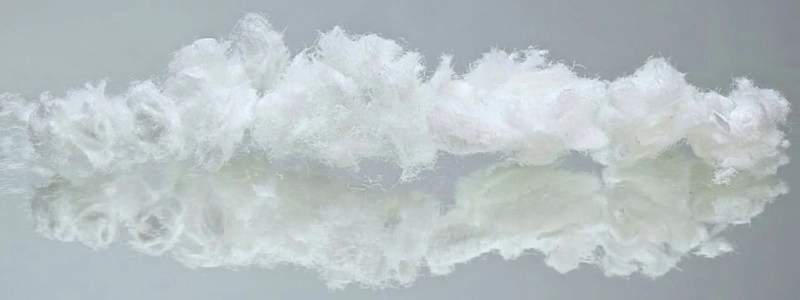 A cluster of soft, white wood pulp fibers resting on a reflective glass surface.