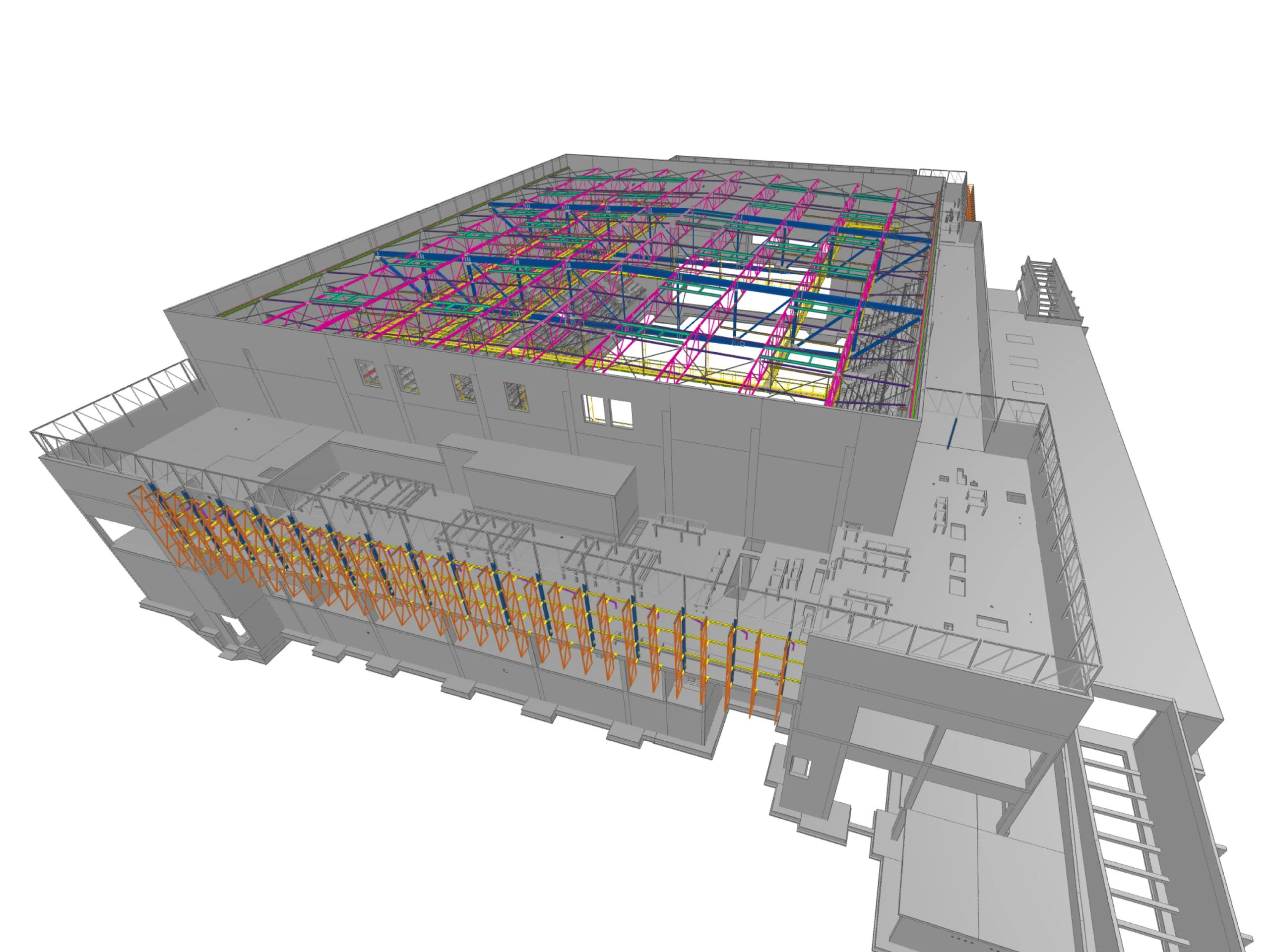 3D model of a warehouse with a complex, multi-colored steel structure visible through a translucent roof.