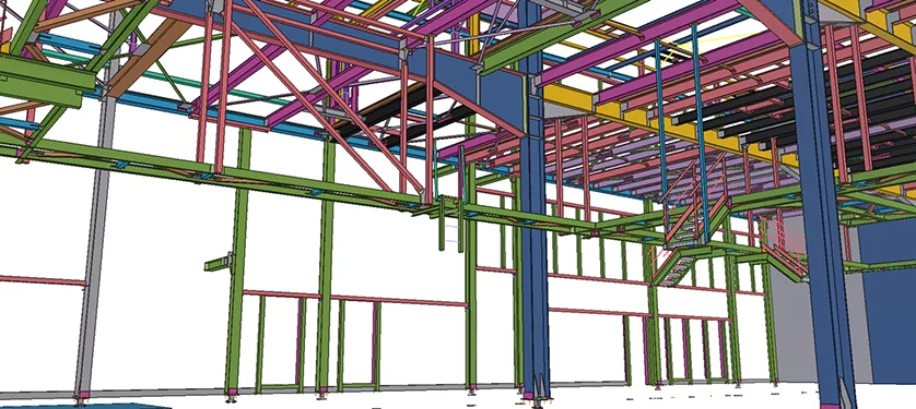 3D rendering of a steel building frame with different colored beams and columns.
