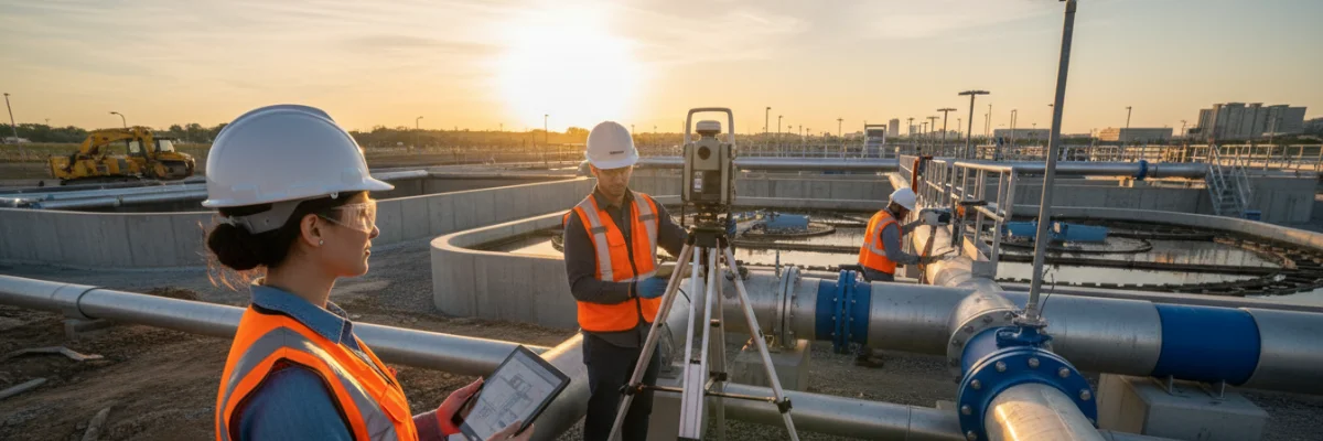 Surveyors use a Trimble total station and rugged tablet to collect data at a water treatment facility during sunset. workers wear safety gear.