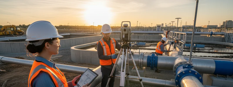 Surveyors use a Trimble total station and rugged tablet to collect data at a water treatment facility during sunset. workers wear safety gear.