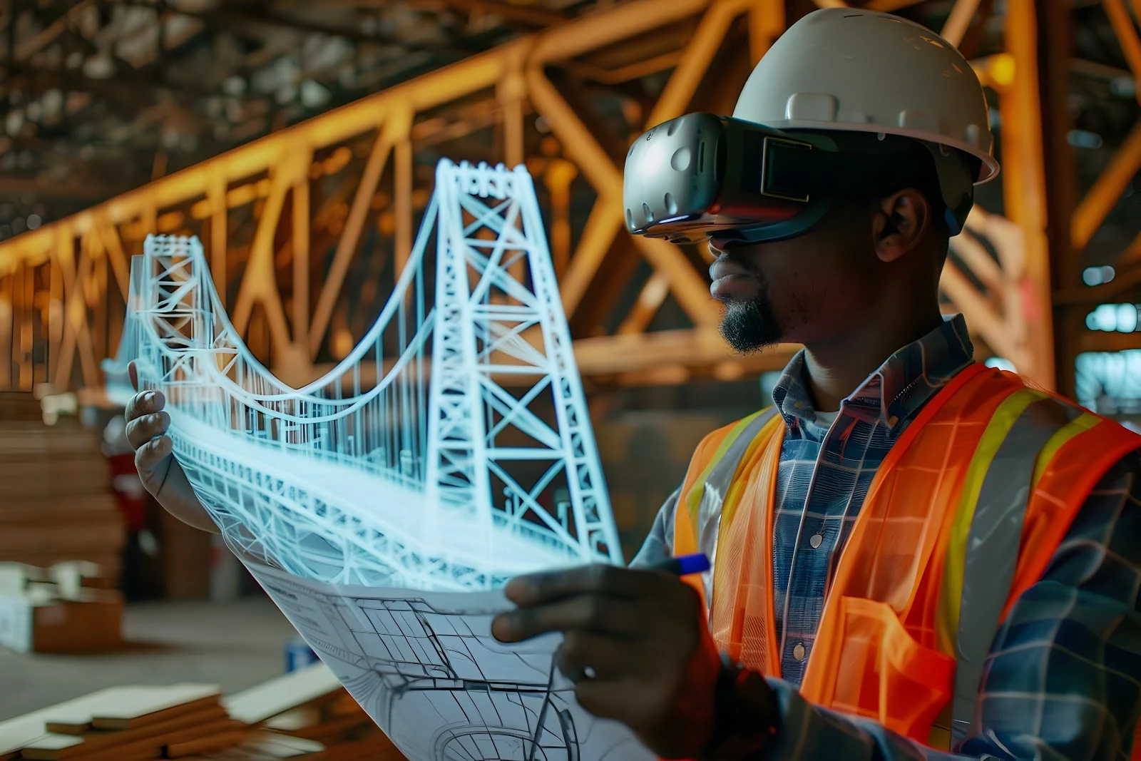 A construction worker wearing a hard hat and VR headset is reviewing a holographic projection of a bridge.