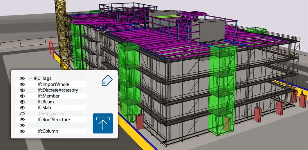 将一个显示建筑框架外部的 IFC 文件导入 SketchUp，屏幕上显示的 IFC 类别为 SketchUp 标签，并带有上传按钮。