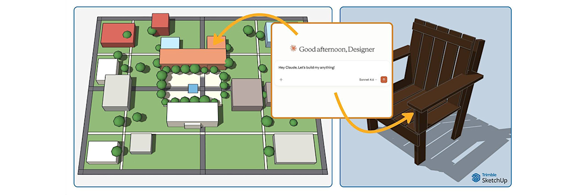 Three-pane layout: AI text prompt generates a 3D, wood chair. Yellow arrows indicate placement into a rendered site model.
