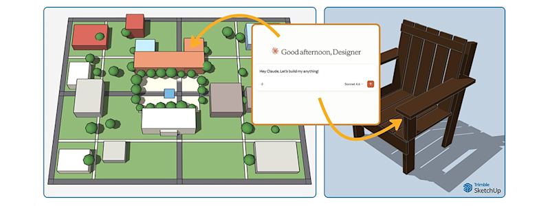 Three-pane layout: AI text prompt generates a 3D, wood chair. Yellow arrows indicate placement into a rendered site model.