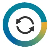 Circular icon with a refresh or loop symbol in the center. The outer ring is a gradient of blue, green, and yellow.