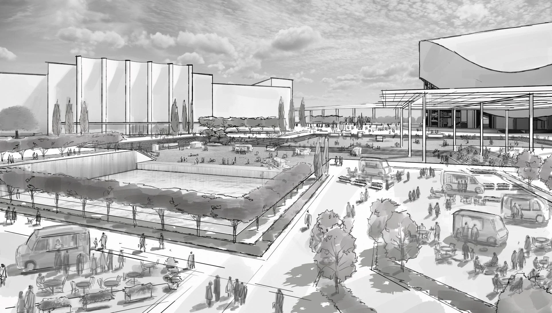 Black and white watercolor-styled rendering by James Akers (created using SketchUp for iPad and Procreate).