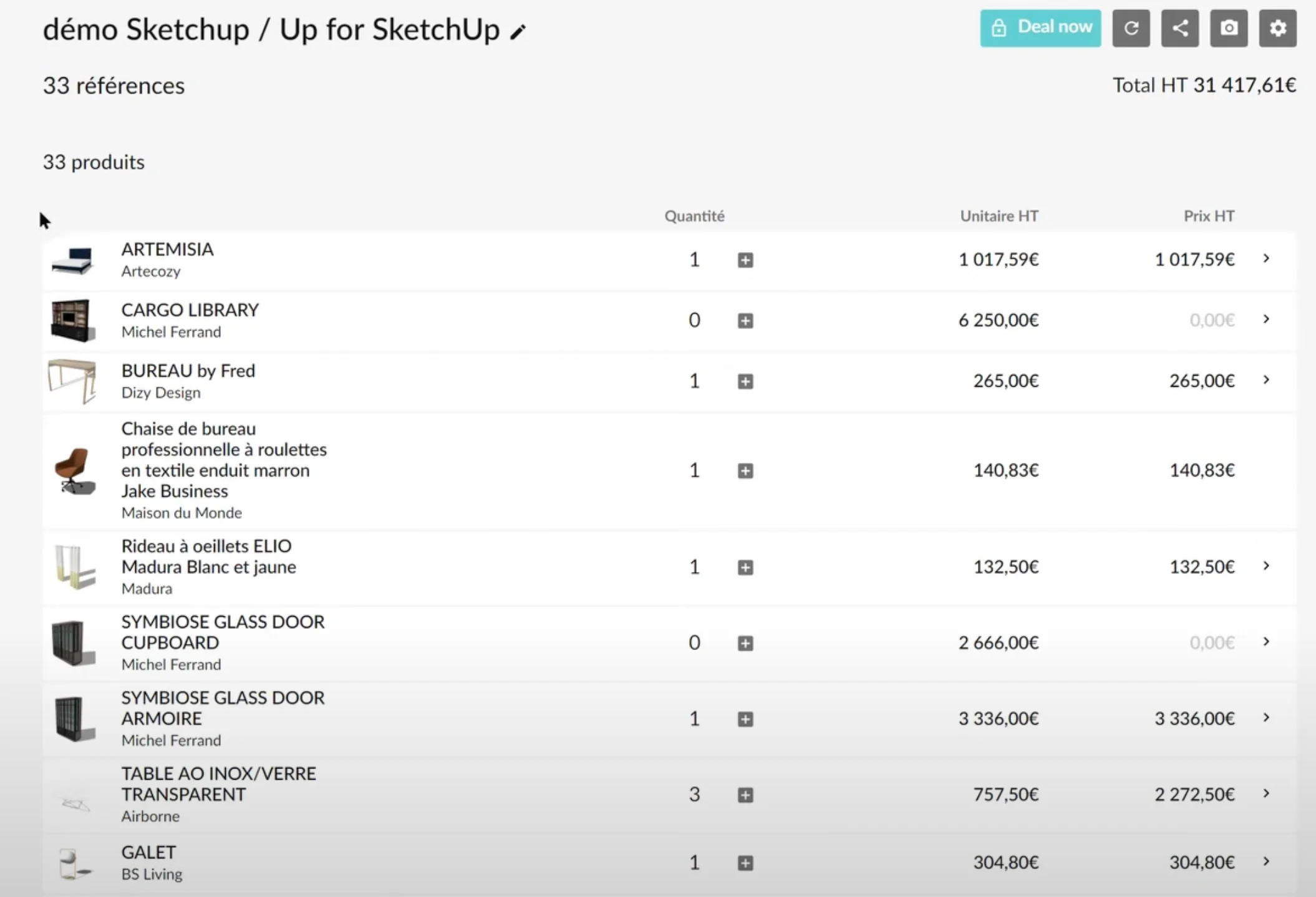 In einer Liste in UP for SketchUp lassen sich die einzelnen Preise anzeigen – eine große Zeitersparnis für das Projektmanagem