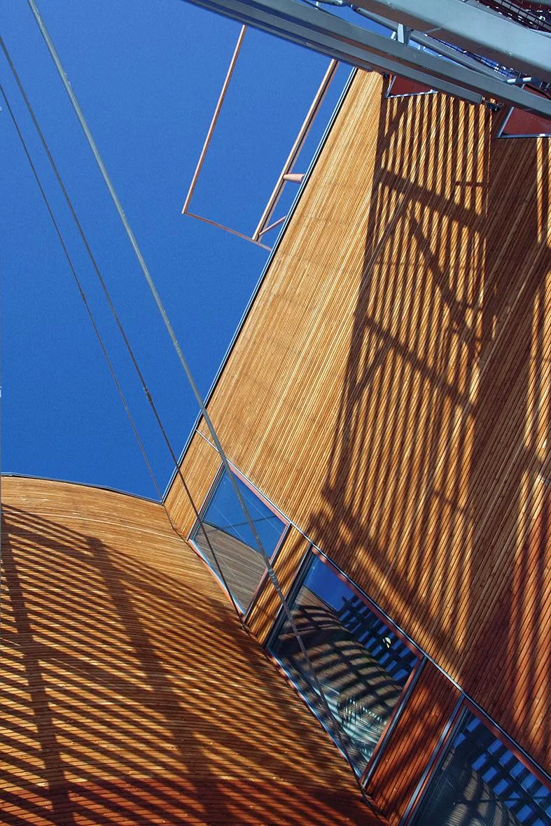 Exterior wall details in the wooden Finnforest Modular Office building