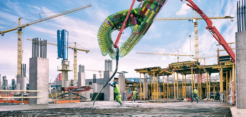 CGI hand made of MEP, rebar, steel reaches from sky and holds concrete pump helping worker on site