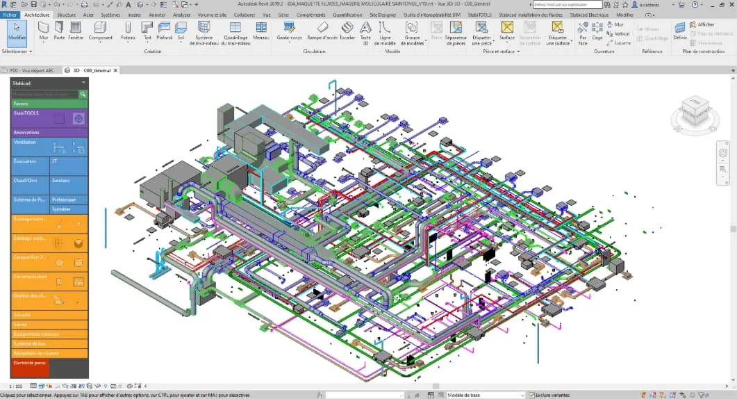 Autodesk Revit 3D MEP model: a complex network of color-coded pipes, ducts, and electrical systems.
