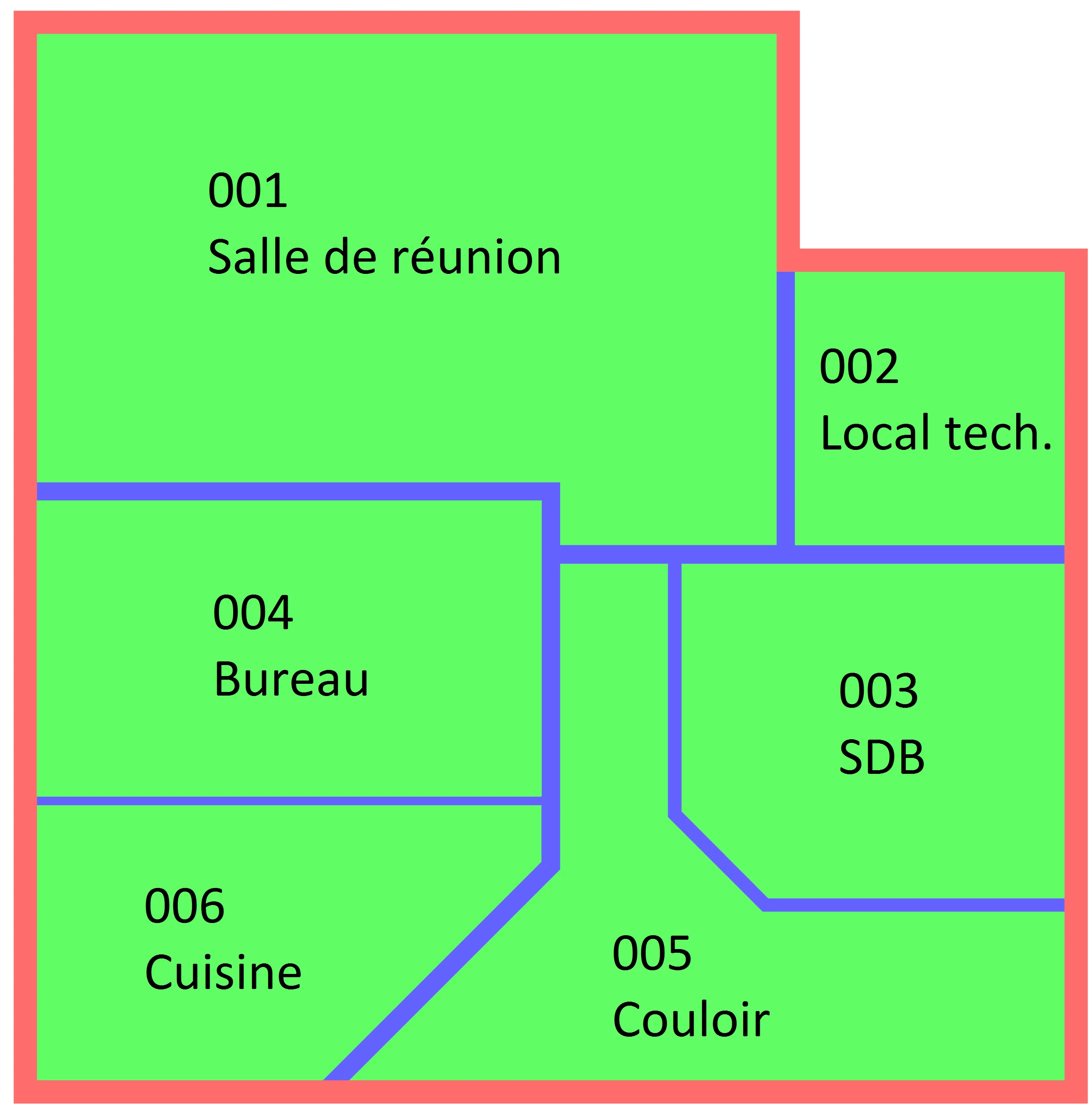 Floor plan with rooms labeled Salle de réunion, Local tech., Bureau, SDB, Cuisine, and Couloir.