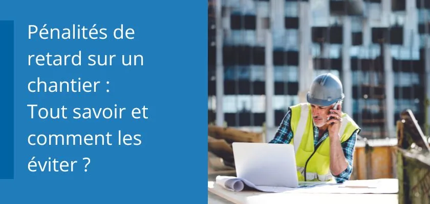 A construction worker wearing a hard hat and safety vest talks on his phone while looking at a laptop with blueprints on a construction site.