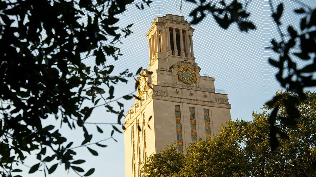 The University of Texas Tower framed by trees, with Trimble's wavy line graphic overlay representing connected construction technology.