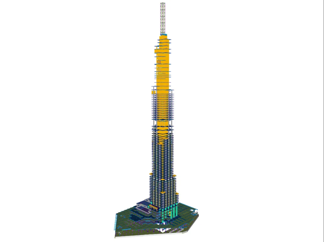 A 3D render of the Burj Khalifa skyscraper, in white with colorful highlights on its structure, against a white background.