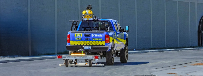 A blue and yellow TLS truck equipped with Trimble LiDAR mapping technology and sensors on the roof, towing a small trailer on a road.