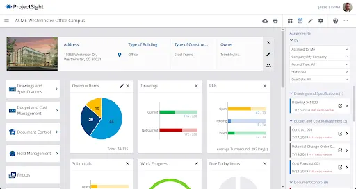 Project management dashboard displaying an overview of the ACME Westminster Office Campus project with various status metrics.