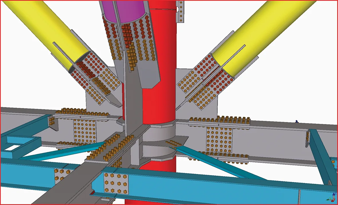 A 3D render of a power plant's structural joint, featuring bolted connections between large steel beams and cylindrical supports.