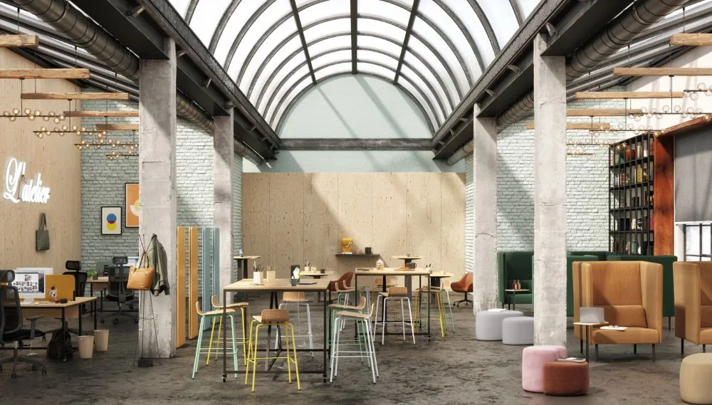 Rendering eines Cafés mit Tisch und Stühlen