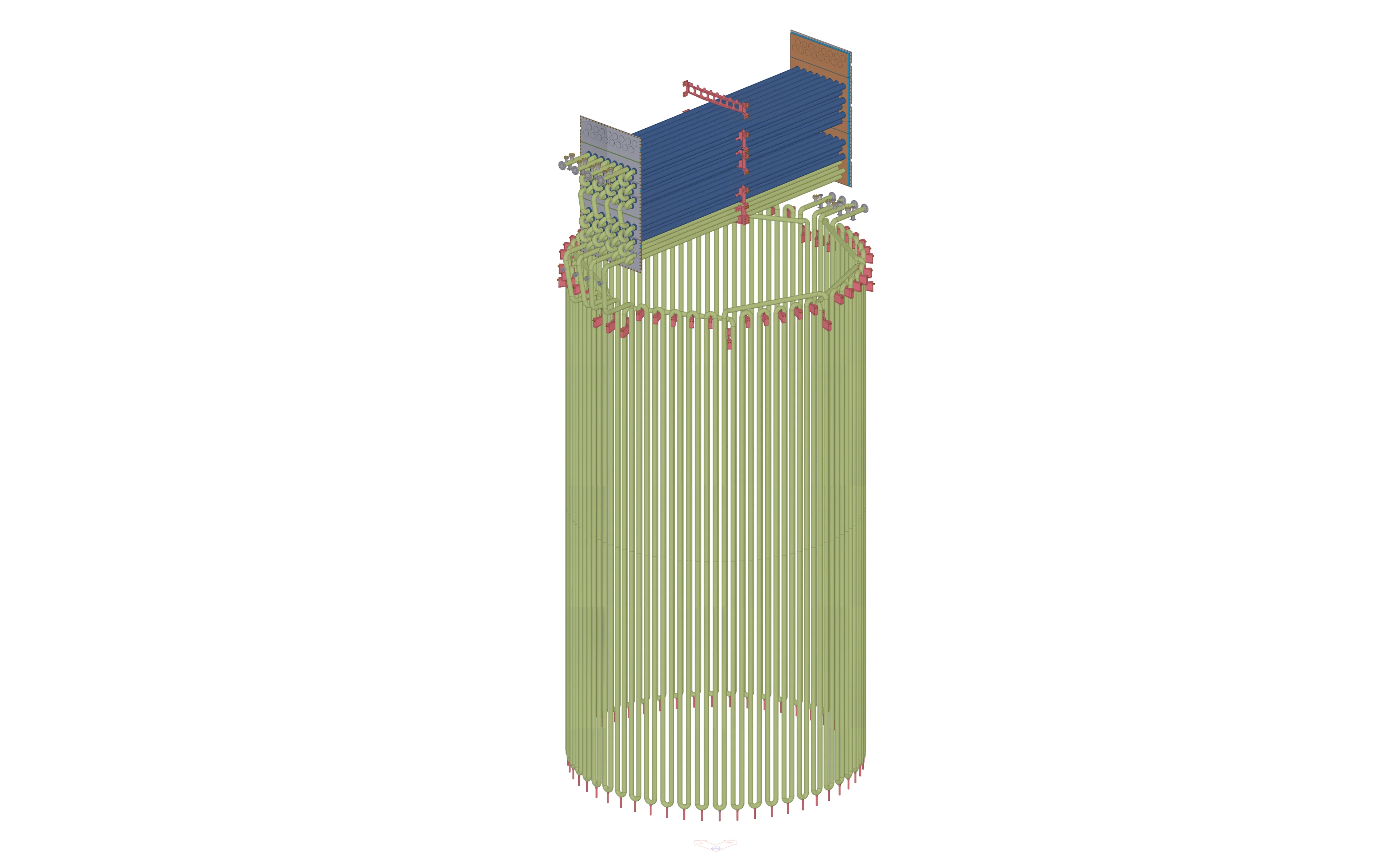 3D rendering of a cylindrical structure with vertical tubes and a top component, possibly a heat exchanger or industrial equipment.