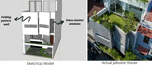 SketchUp model of the Jalouise house, featuring its unique folding-pattern wall and glass-shutter window in comparison to rea