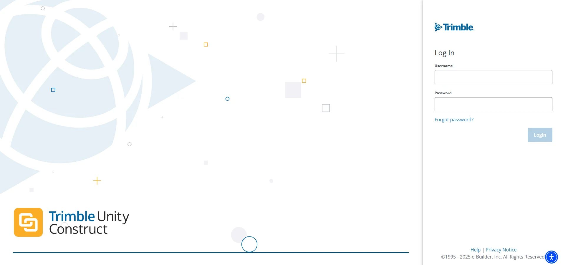 Trimble Unity Construct sign-in page with username and password fields, login button, and logo.