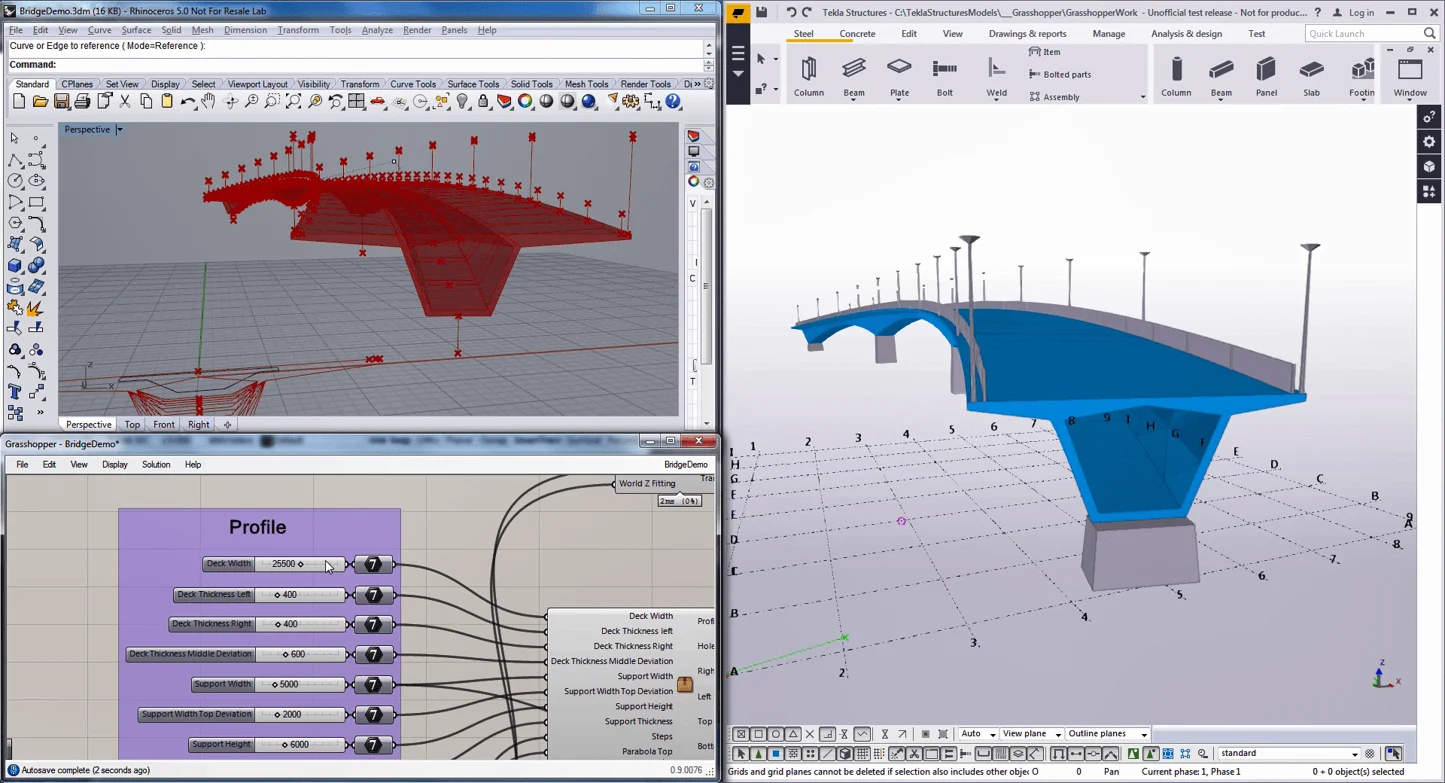 Parametric modeling software shows a bridge design, with code and 3D models on screen.