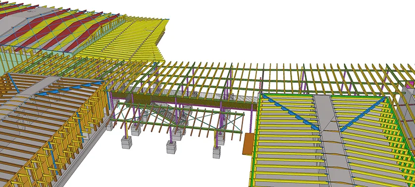 3D model of a building's structural framework, showcasing a complex arrangement of wooden and metal beams, columns, and roof trusses.