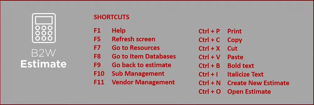 B2W Estimate shortcuts list, including F-keys and Ctrl combinations for various functions.