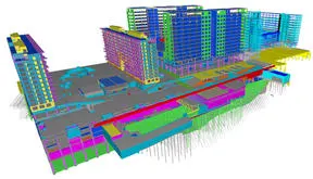 3D rendering of a large construction project with various buildings and infrastructure elements.