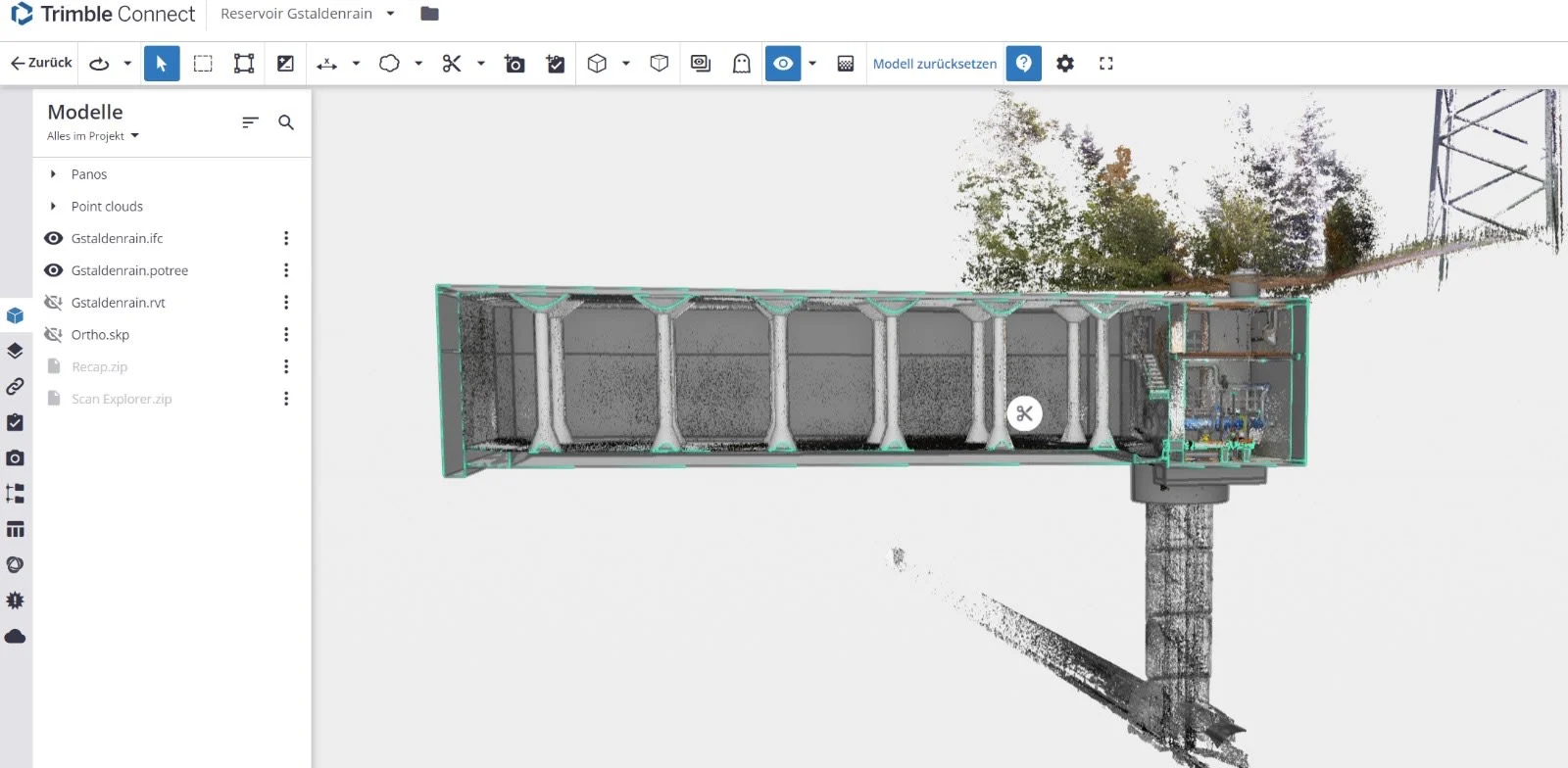 3D scan of a reservoir structure displayed in Trimble Connect software.