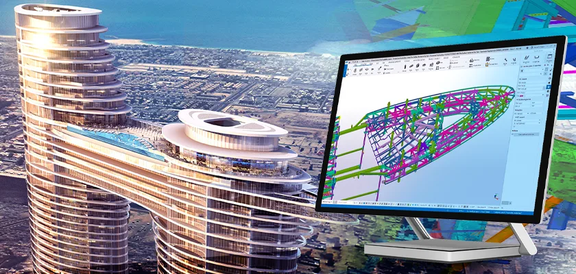 Architectural rendering of a futuristic building with a computer displaying a 3D model of its structural framework.
