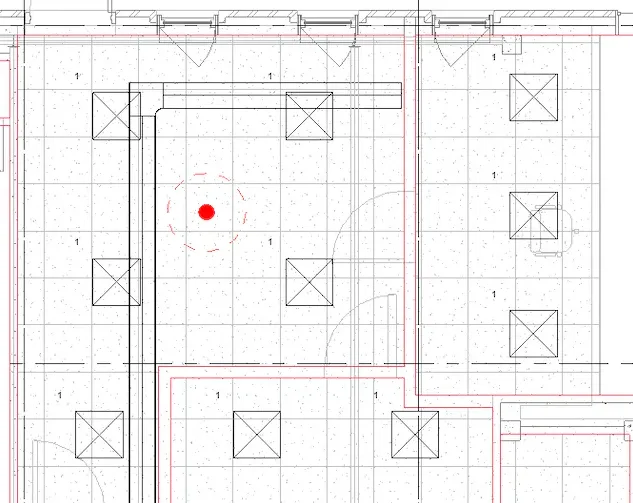 Floor plan with a red dot indicating a central location.