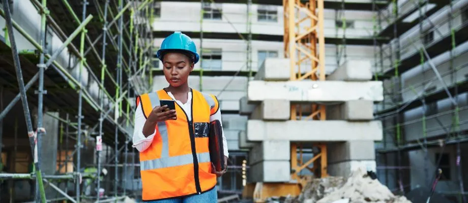 A construction worker in a hard hat and safety vest looks at her phone on a construction site.