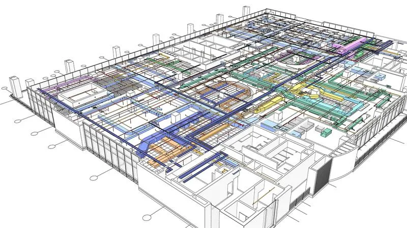 Massing model of empty space; model with overhead engineering overlaid at ceiling level.