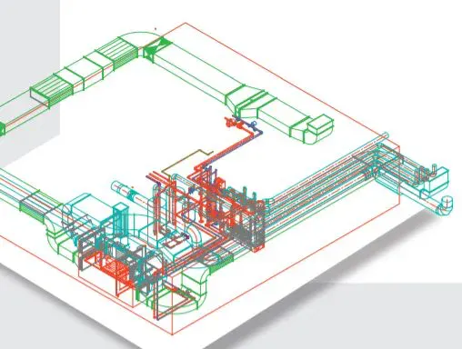 3D model of a building's HVAC system showing ducts and pipes in green, red, and blue.
