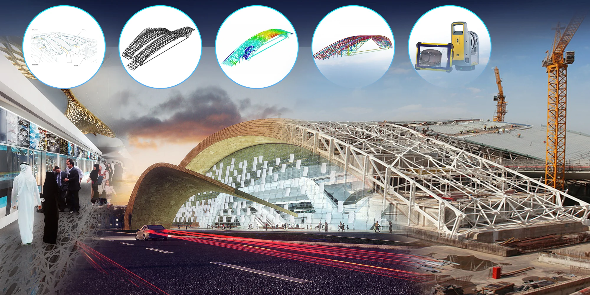Architectural design and construction of a modern building with a metro station and transportation infrastructure.