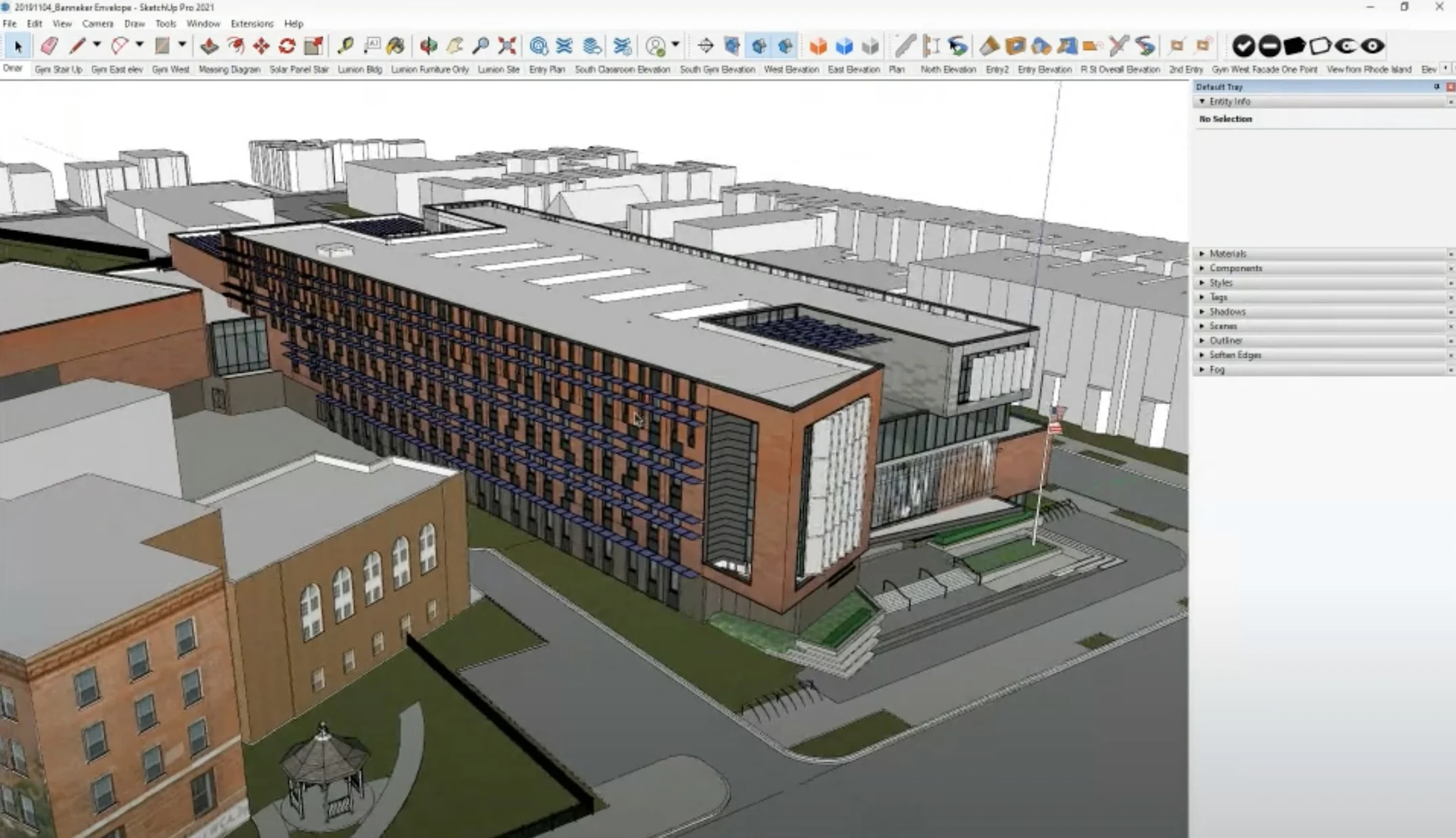 Modelo SketchUp da fachada voltada para o sul com painéis solares fotovoltaicos exibidos com destaque.