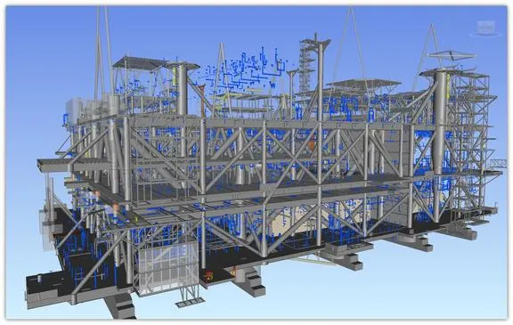 A 3D model of an offshore platform, showing intricate structural beams, pipes, and equipment.