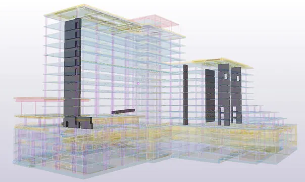3D BIM model showing the installation of prefabricated concrete facade elements on a building under construction.
