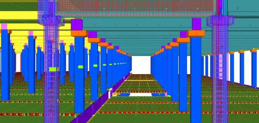 3D model of a bridge structure showing columns, beams, and deck.