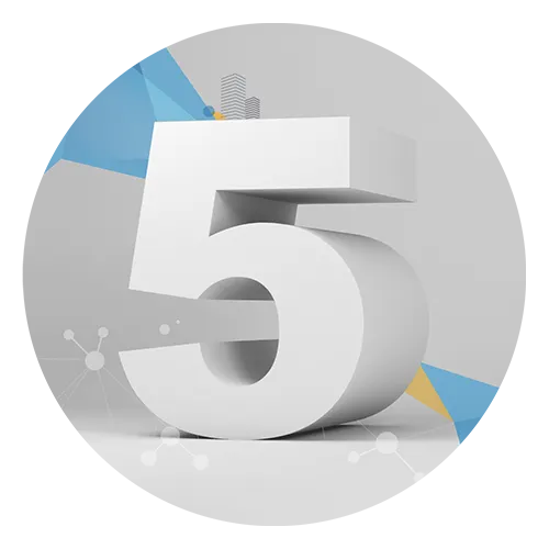 A large, white, 3D number 5 is centered on a grey background, with abstract blue and yellow shapes and wireframe graphics behind it.