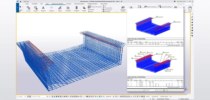 Tekla Structures rebar model with automatic sequenced fabrication drawings
