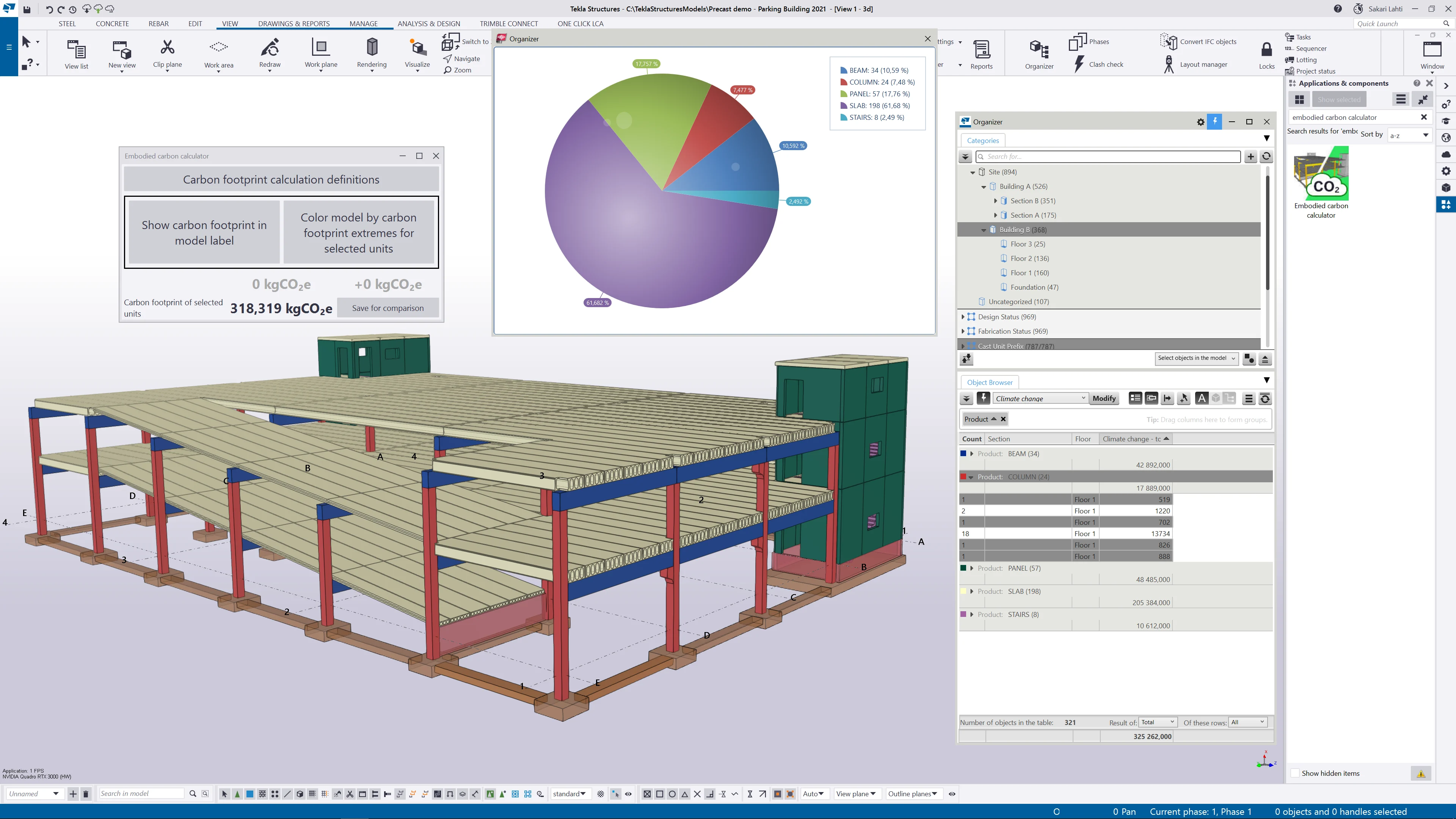 Screenshot of a 3D building model with a carbon footprint calculation interface, a pie chart showing carbon breakdown.