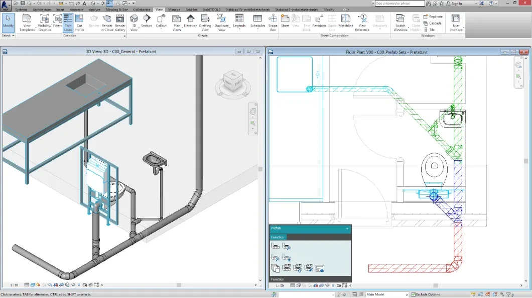 3D and 2D views of plumbing installation in Revit software.
