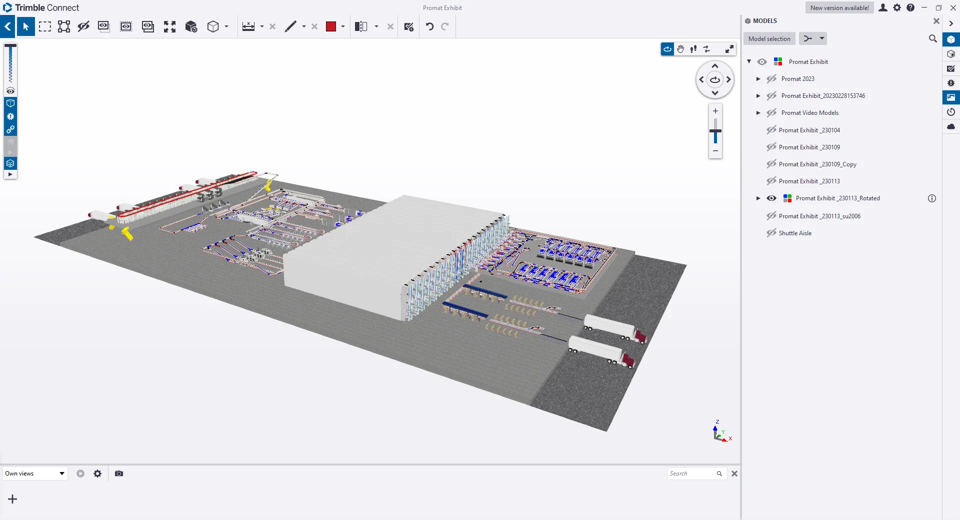 3D model of a warehouse and logistics facility with trucks at loading docks.